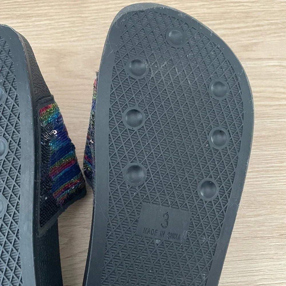Adidas Adilette Rainbow Sequin Slides Black Multi Color Stripe Kids Size 3